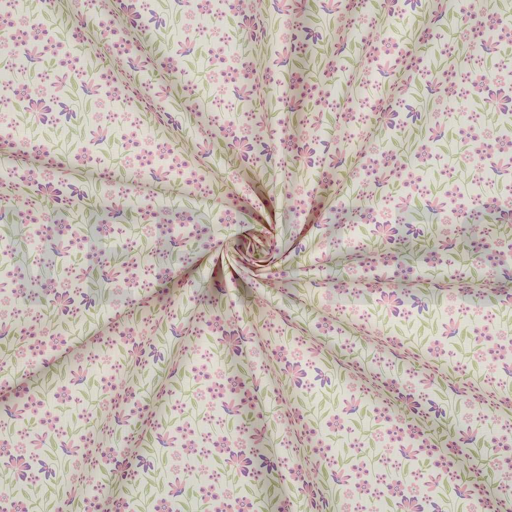 Stof Poplin katoen bloemen paars