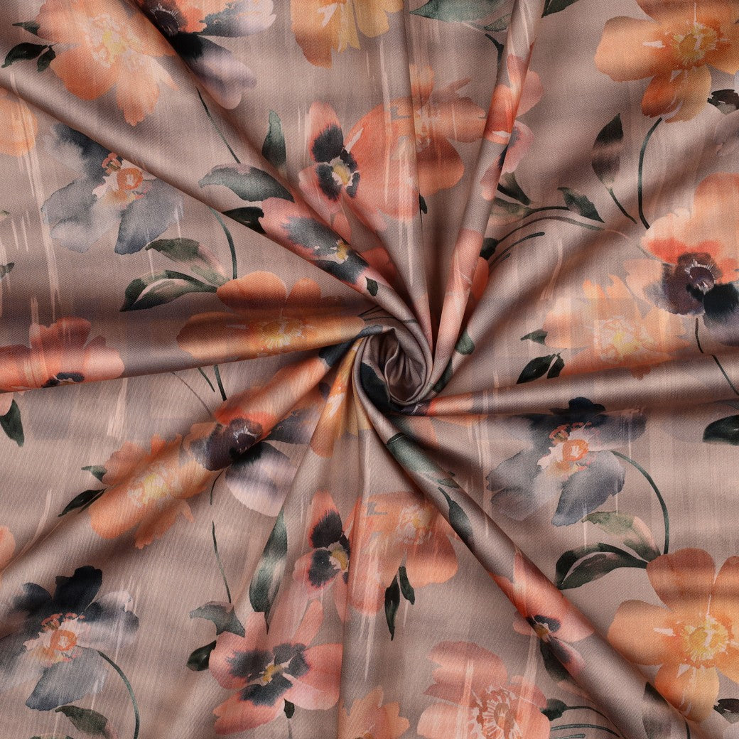 Stof katoen satijn met digitale bloemenprint perzik