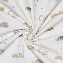 Stof Poplin Katoen Digitale Print - Bouwvoertuigen Beige per halve meter
