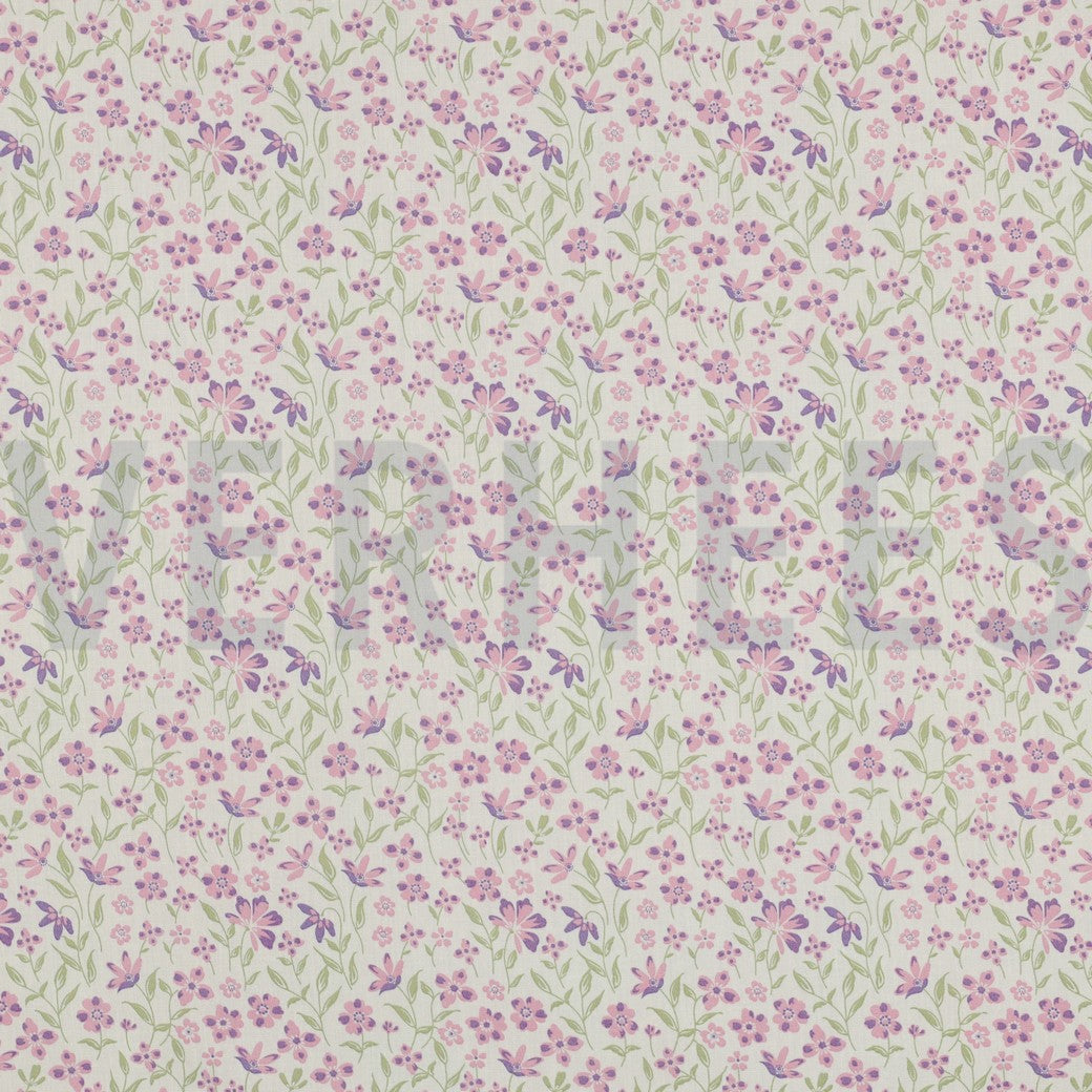 Stof Poplin katoen bloemen paars