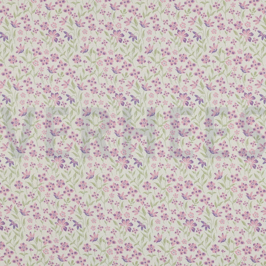 Stof Poplin katoen bloemen paars