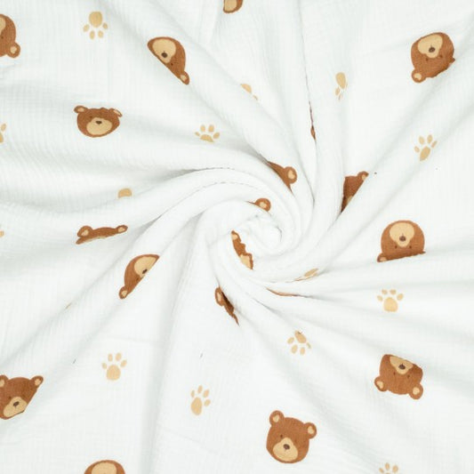 Stof mousseline met beren motief per meter