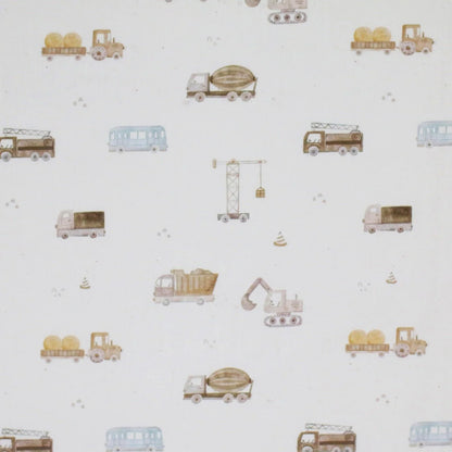 Stof Poplin Katoen Digitale Print - Bouwvoertuigen Beige per halve meter